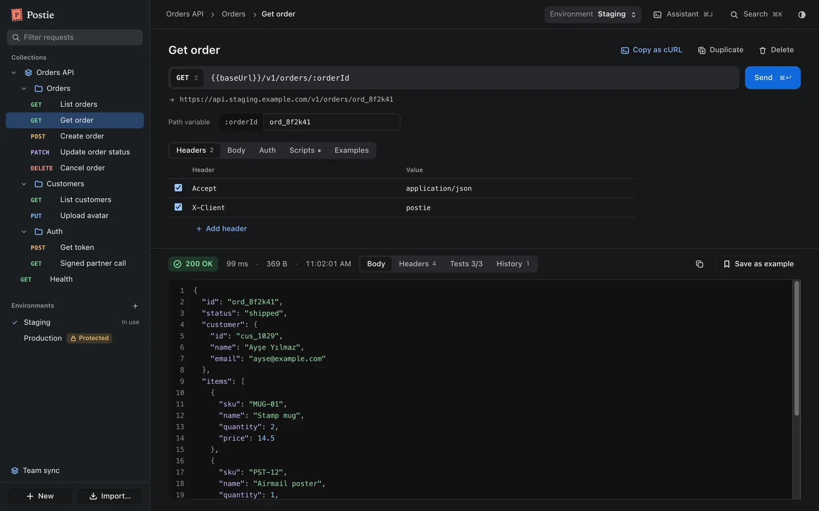 Postie'de bir GET istegi ve bicimlenmis JSON yaniti